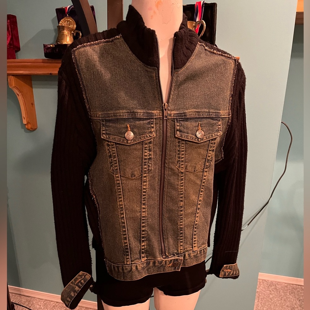 Jean jacket sweater size l but fits a med as well
